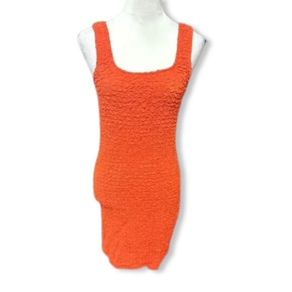 Rails Julie Mini Dress Square Neck Bodycon Crinkled Cherry Orange Women's S NWOT - Picture 2 of 9